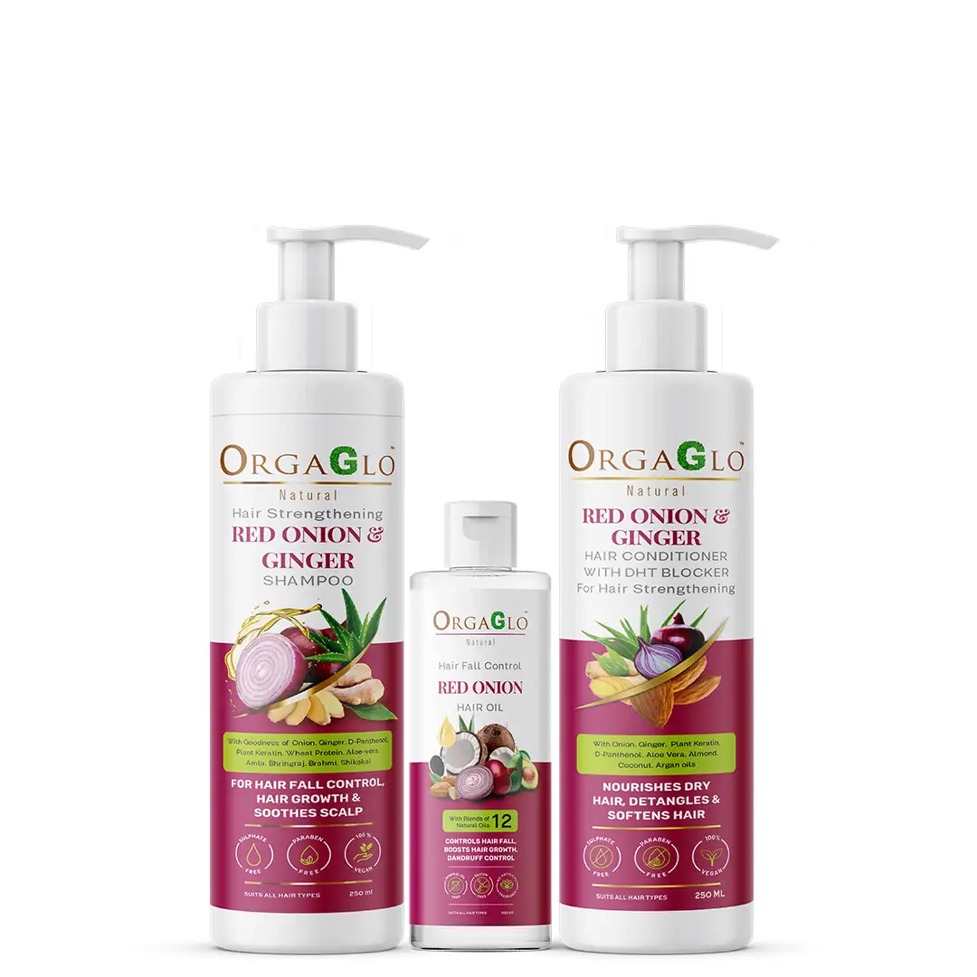 https://www.orgaglo.com/storage/products/Red Onion Hair Care combo For Hair Strengthening & Hair Fall Control – Red Onion Hair oil-115 ml, Red Onion and Ginger Shampoo- 250 ml, Red Onion & Ginger Conditioner-250 ml